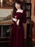 Wine Red Long Sleeves Velvet Wedding Party Dress, A-line Long Prom Dress Evening Dress
